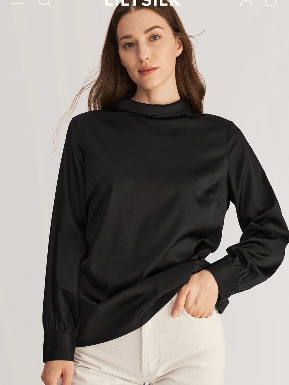 LILYSILK Black 100% Silk Mock Neck Keyhole Bishop Sleeve Blouse Luxury Size S